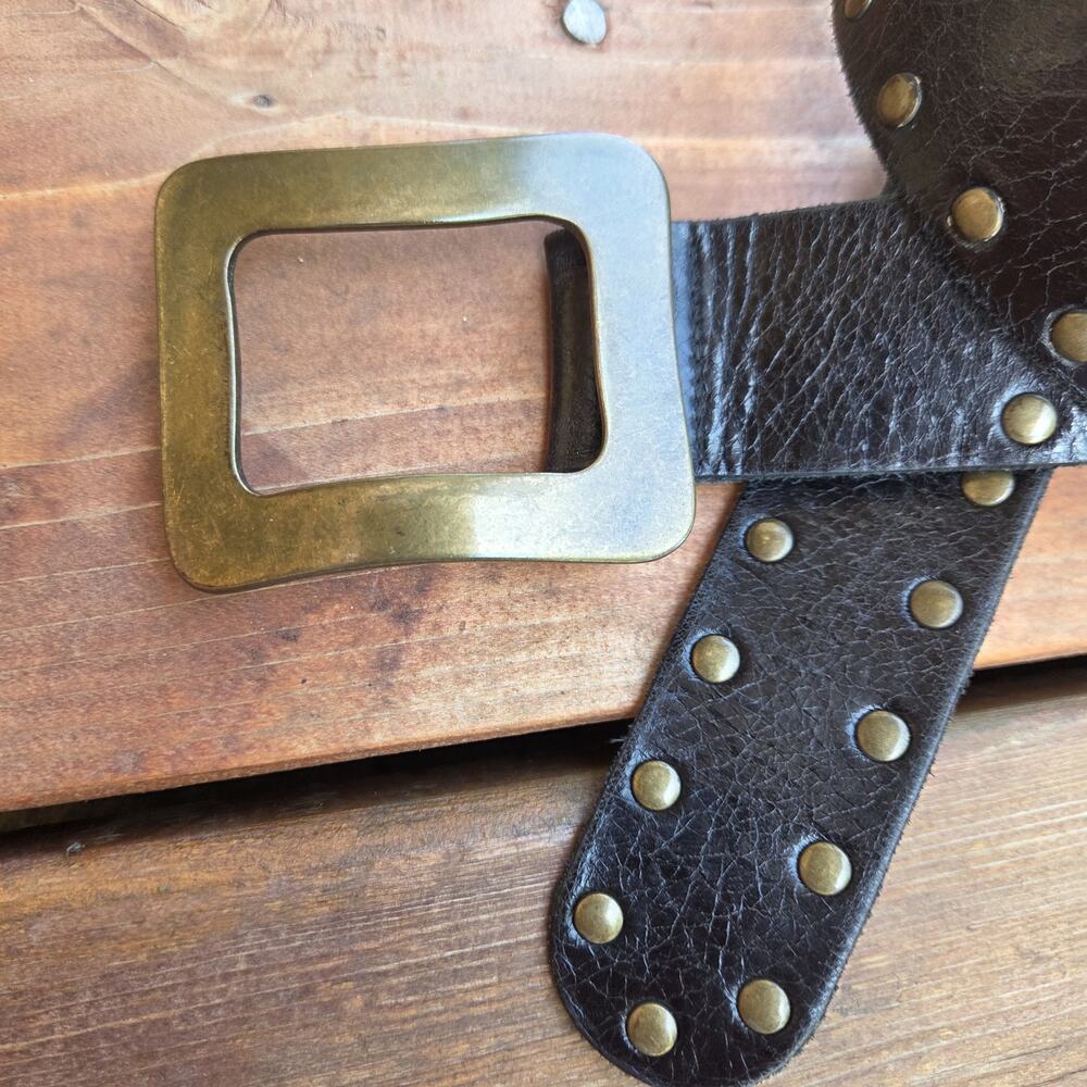 Italian Leather Studded Belt Black Antique Gold Buckle Boho Western L - Picture 3 of 7
